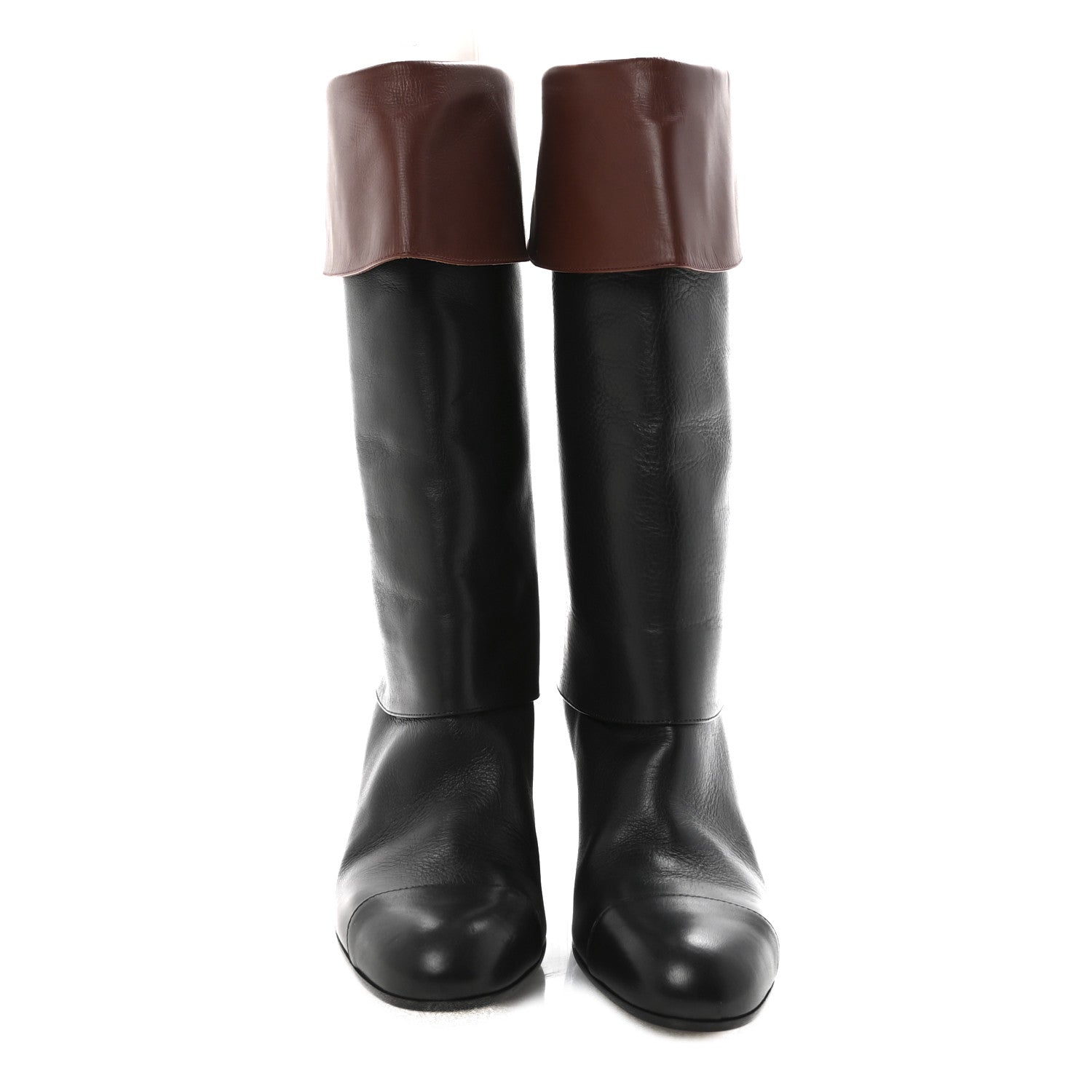 Chanel Calfskin CC Fold Over Boots 38 Black Brown 1838244
