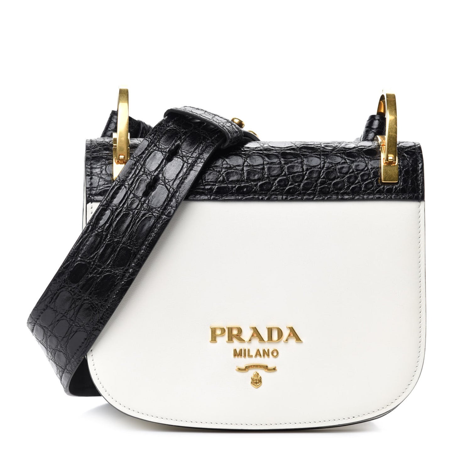 City Calf Crocodile Calfskin Embossed Pionniere Saddle Bag Black White
