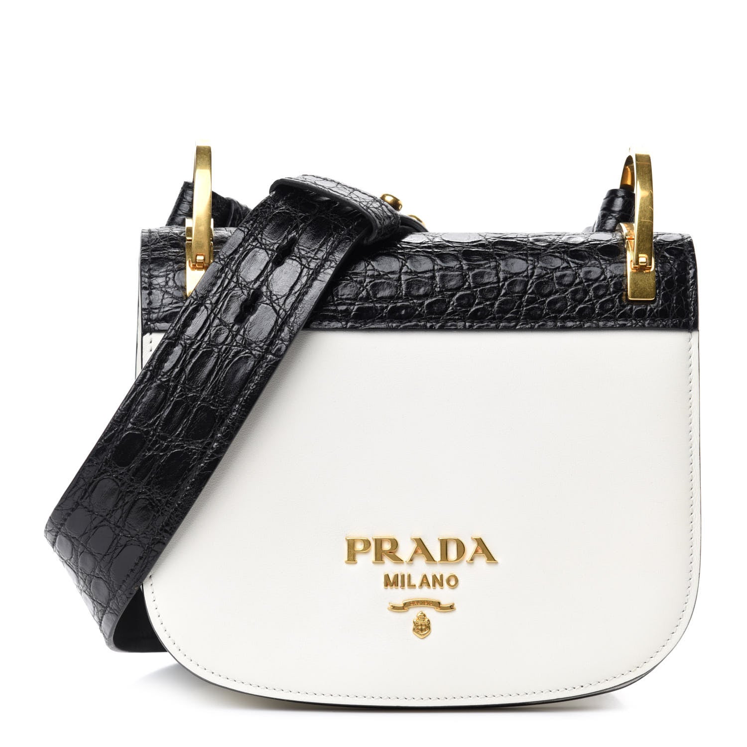 Prada City Calf Crocodile Calfskin Embossed Pionniere Saddle Bag Black White 1 of 10