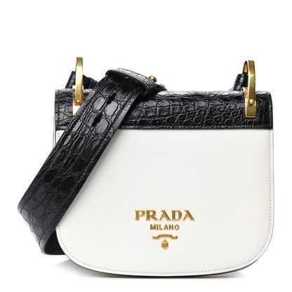 Prada City Calf Crocodile Calfskin Embossed Pionniere Saddle Bag Black White 1 of 10
