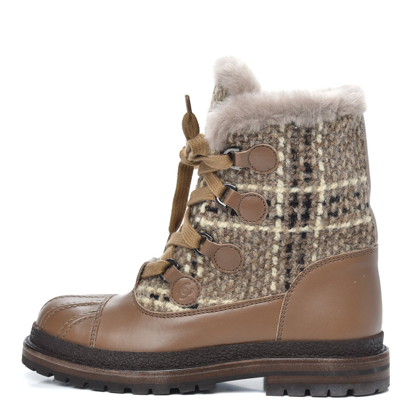 Tweed Shearling Lace Up Short Boots 35 Beige