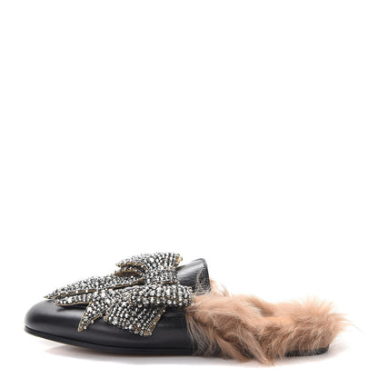 Gucci Malaga Kid Fur Crystal Bow Embroidered Womens Princetown Slippers 37.5 Black 1 of 7