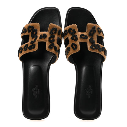 Hermes Suede Goatskin Tufted Leopard Womens Oran Sandals 40 Brun Fume Black 2 of 8