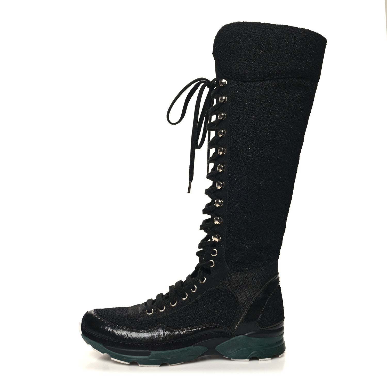 Chanel Tweed Patent Calfskin Sneaker High Boots 38.5 Black 1 of 8
