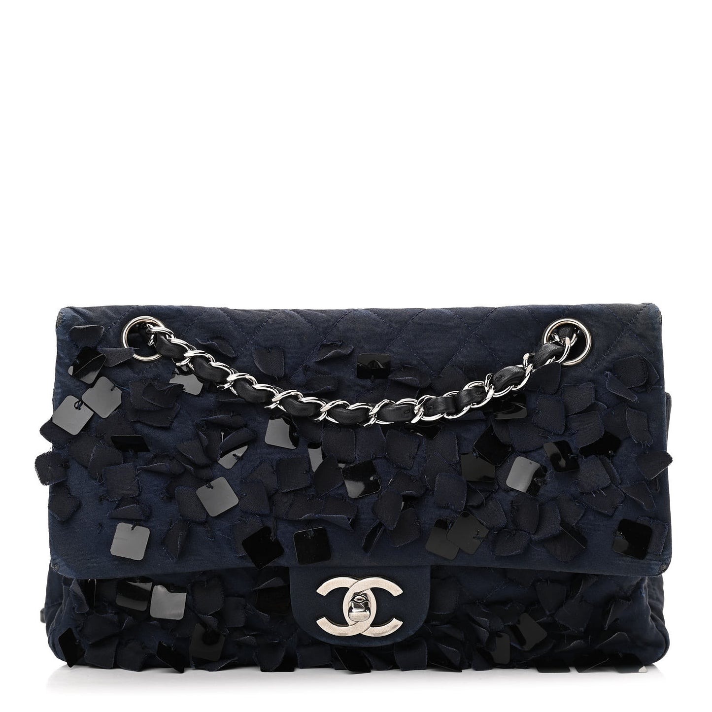 Satin Paillette Sequin Quilted Medium Single Flap Navy