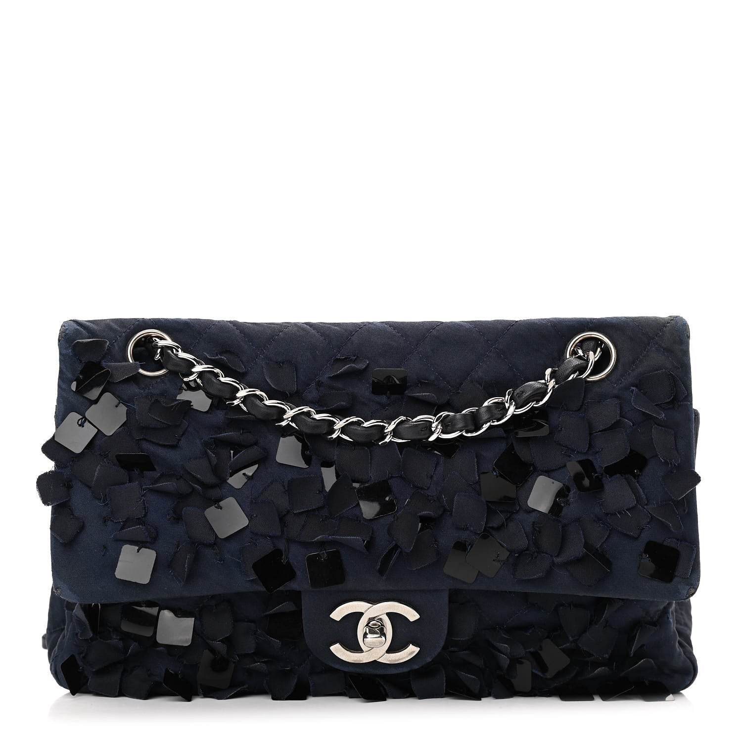 Chanel Satin Paillette Sequin Quilted Medium Single Flap Navy 1 of 15