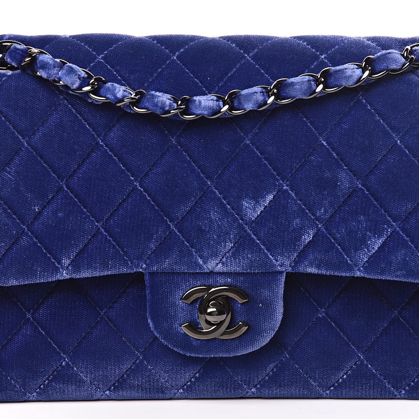 Velvet Quilted Medium Double Flap Navy Blue