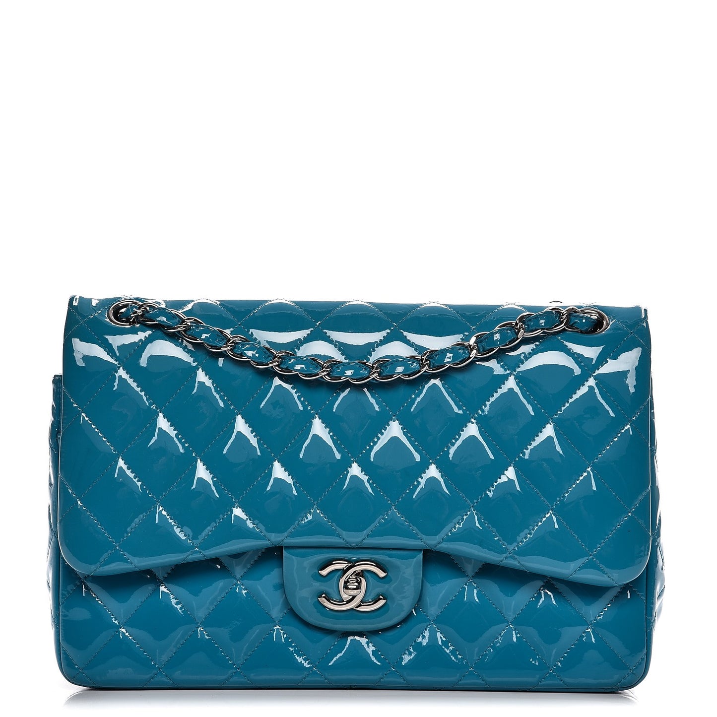 Patent Calfskin Quilted Jumbo Double Flap Turquoise