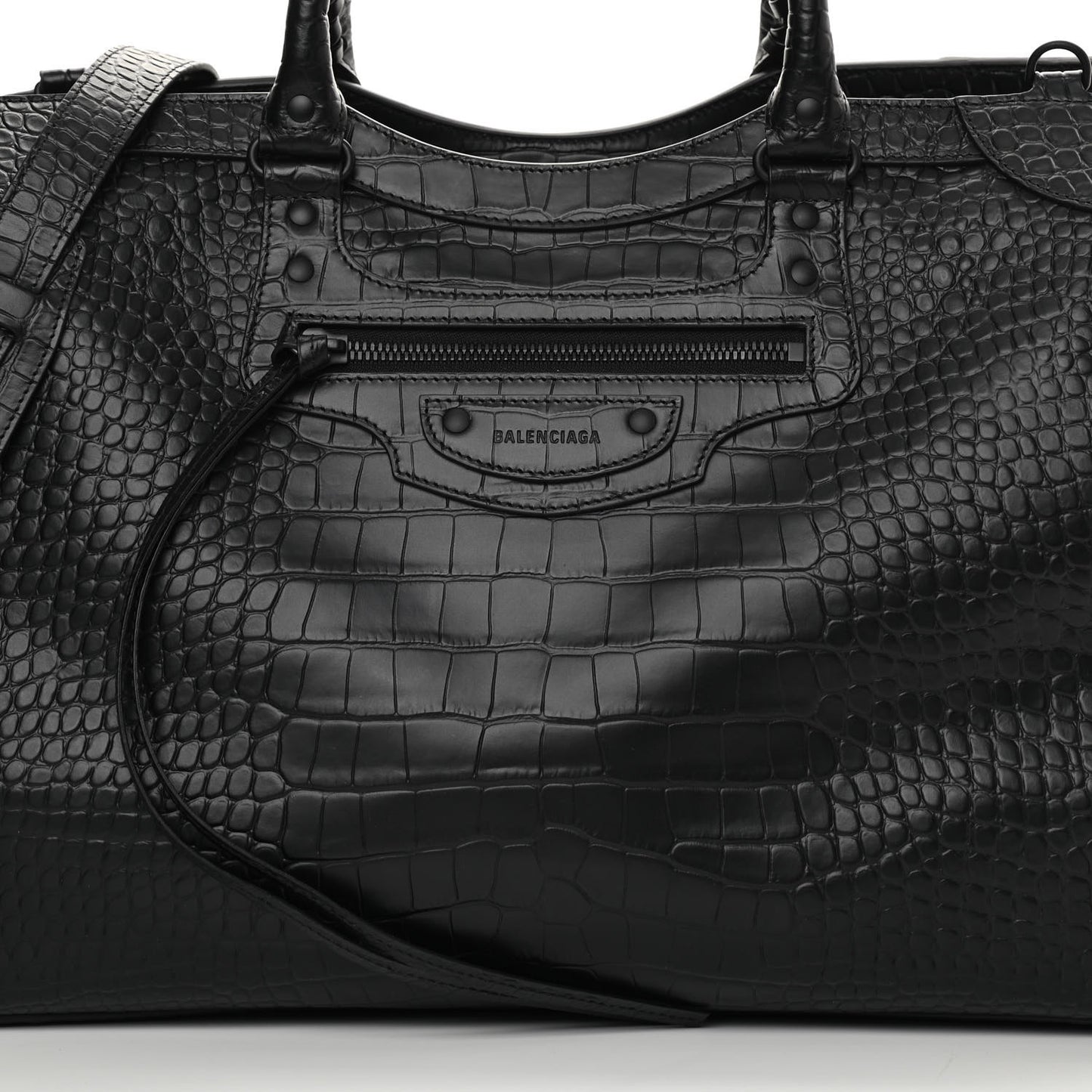 Semi Matte Calfskin Crocodile Embossed Neo Classic Black Hardware Large City Black