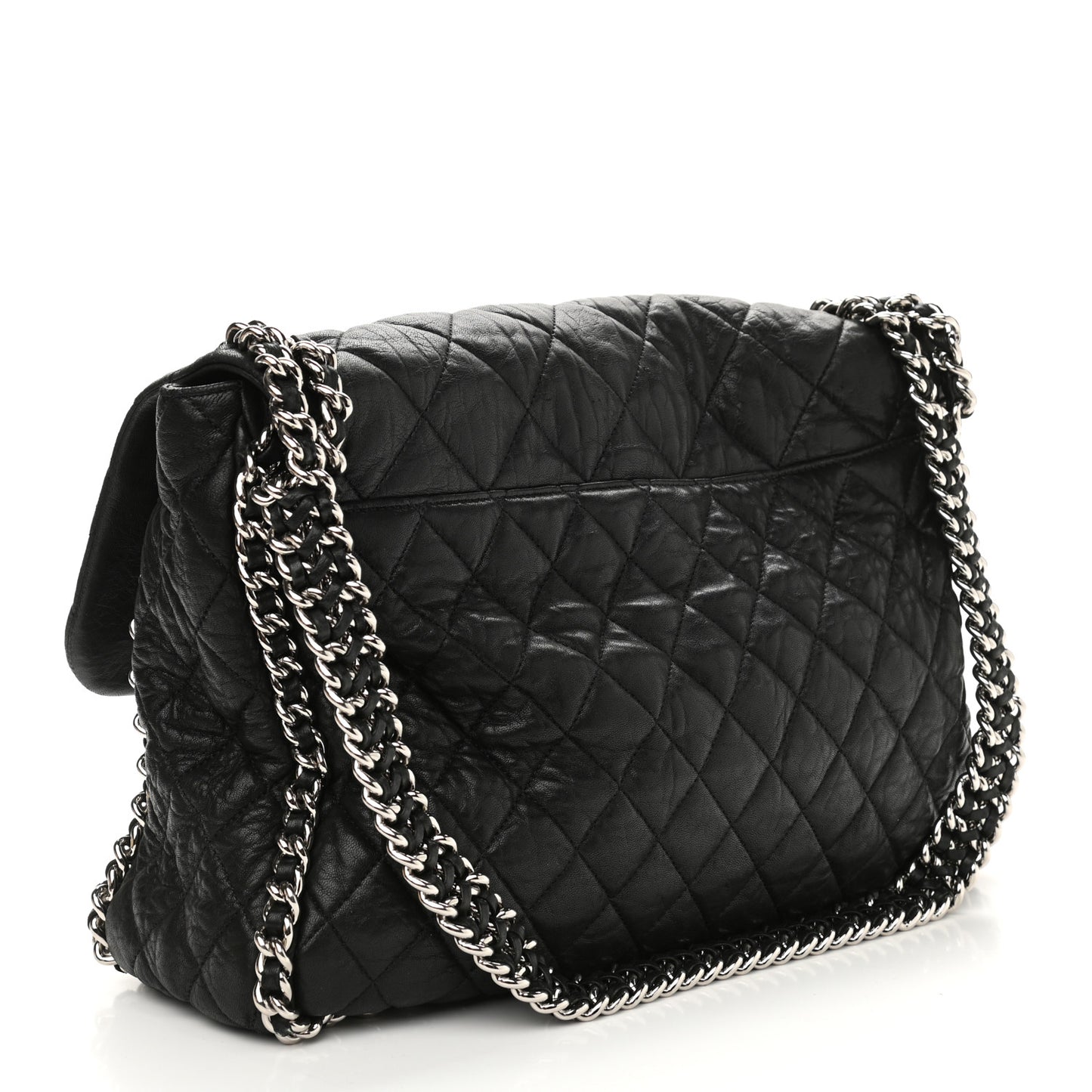 Washed Lambskin Quilted Maxi Chain Around Flap Black