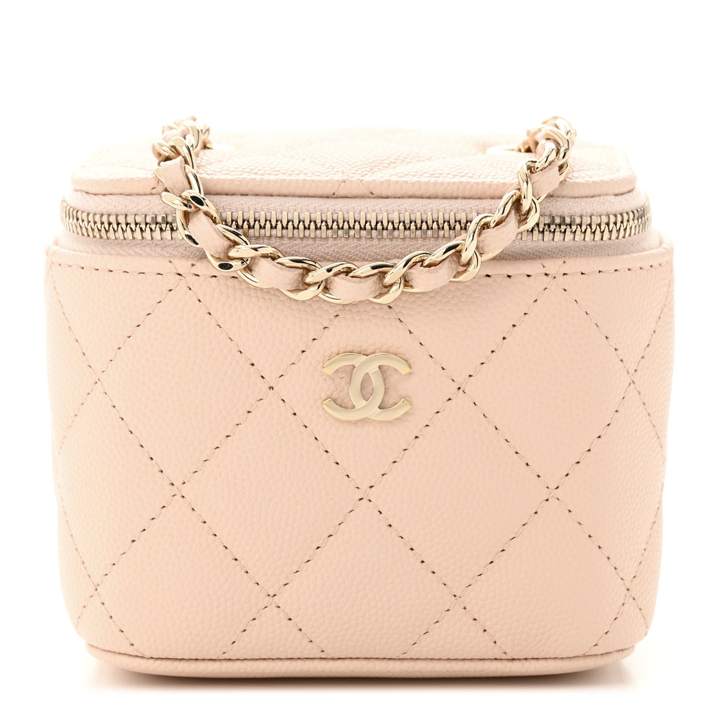 Caviar Quilted Mini Vanity Case With Chain Light Beige