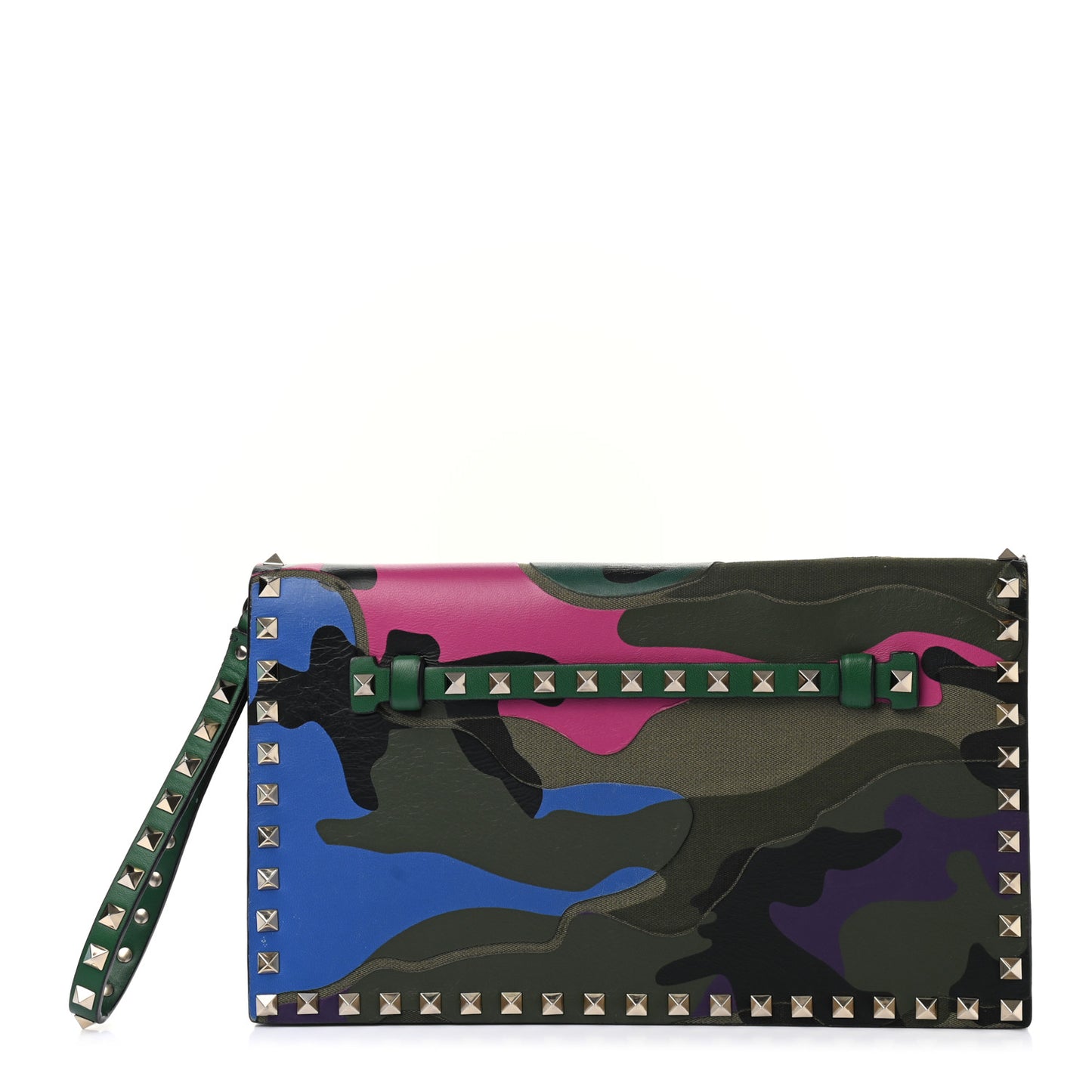 Nappa Canvas Camouflage Rockstud Wristlet Clutch Multicolor