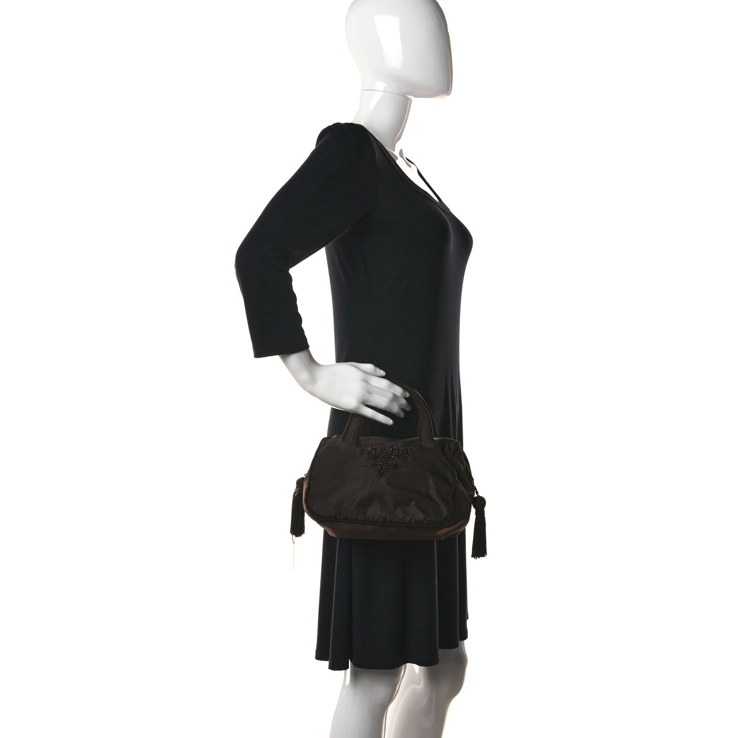 Tessuto Nylon Beaded Tassel Shoulder Bag Brown