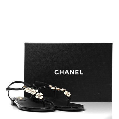 Chanel Crackled Patent Calfskin Pearl Camellia Thong Sandals 38 Black 8 of 8