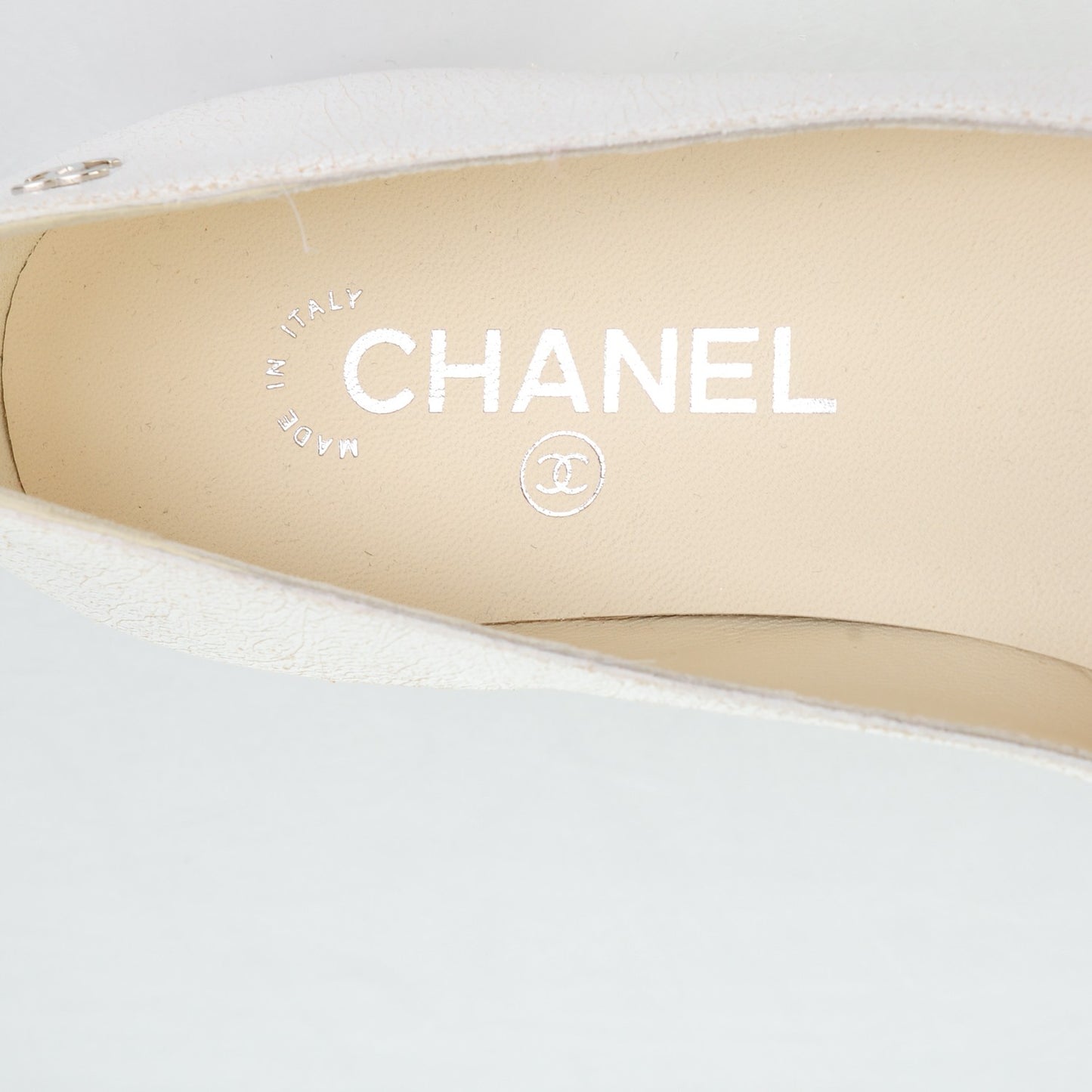 Crackled Calfskin CC Ballerina Flats 37.5 White