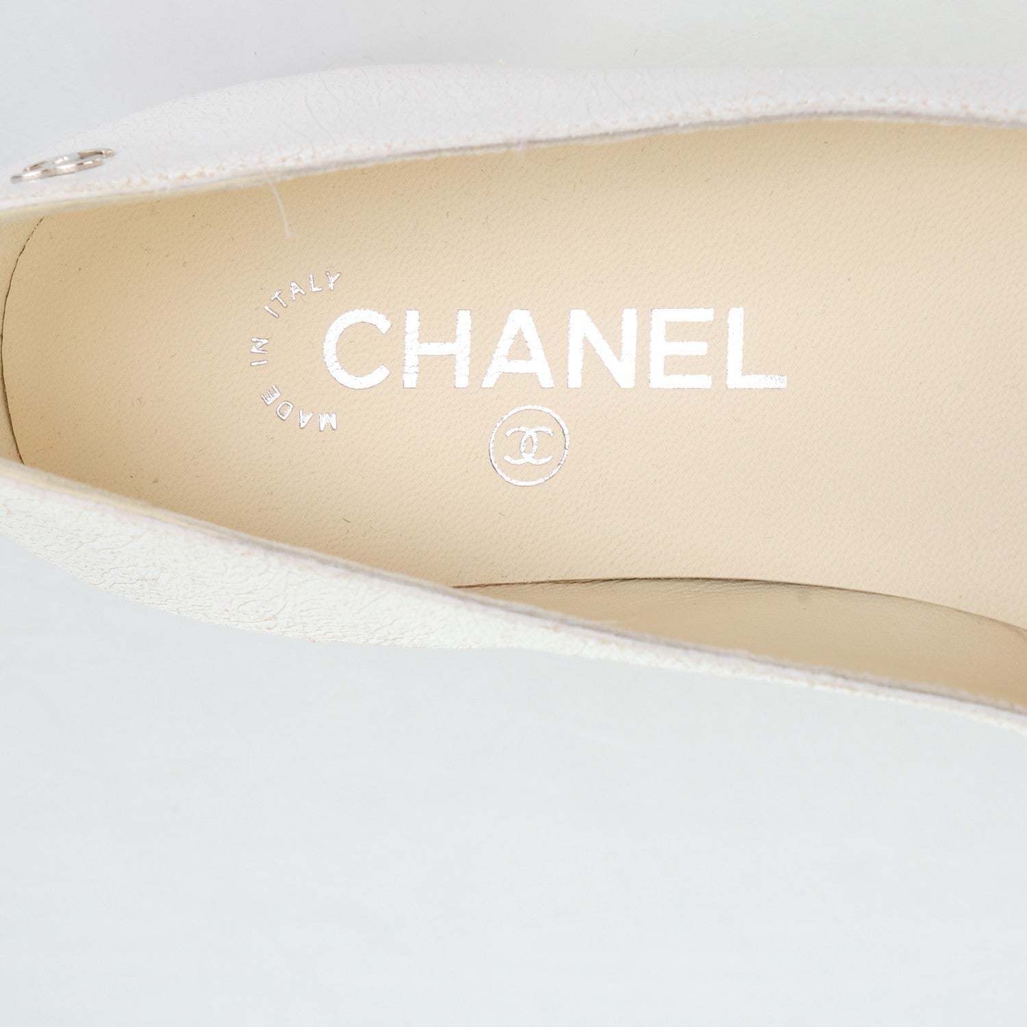 Chanel Crackled Calfskin CC Ballerina Flats 37.5 White 6 of 6