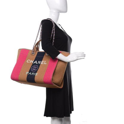Chanel Straw Raffia Calfskin Striped Medium Deauville Tote Dark Beige Fuchsia Navy Blue 2 of 12