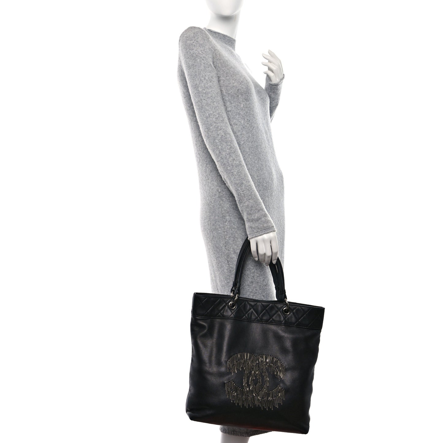 Lambskin Rock And Cabaret Chain Fringe Tote Black