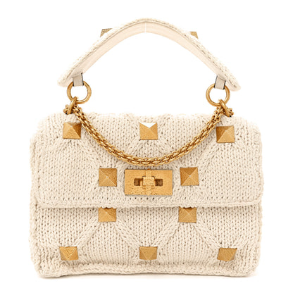 Valentino Garavani Knit Medium Roman Stud Shoulder Bag Ecru 1 of 13
