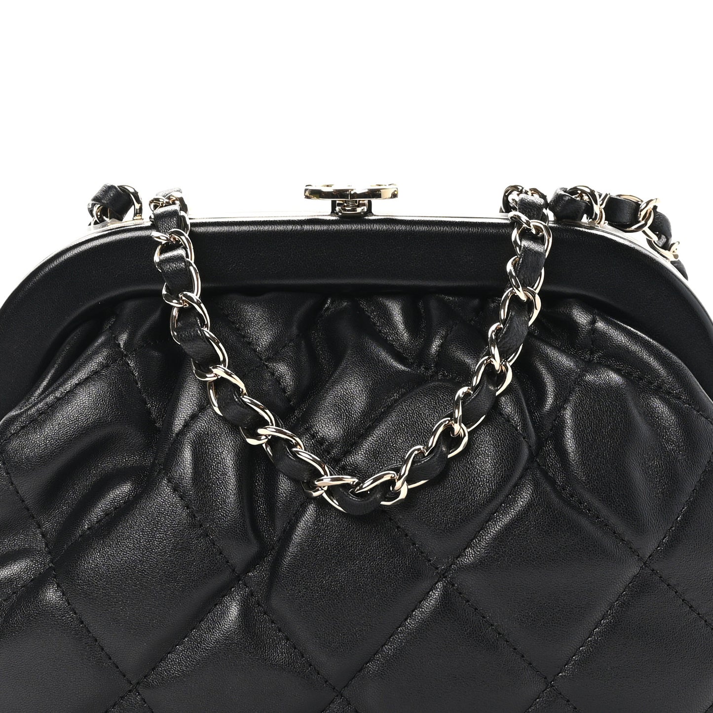 Lambskin Quilted CC Kisslock Clutch Black