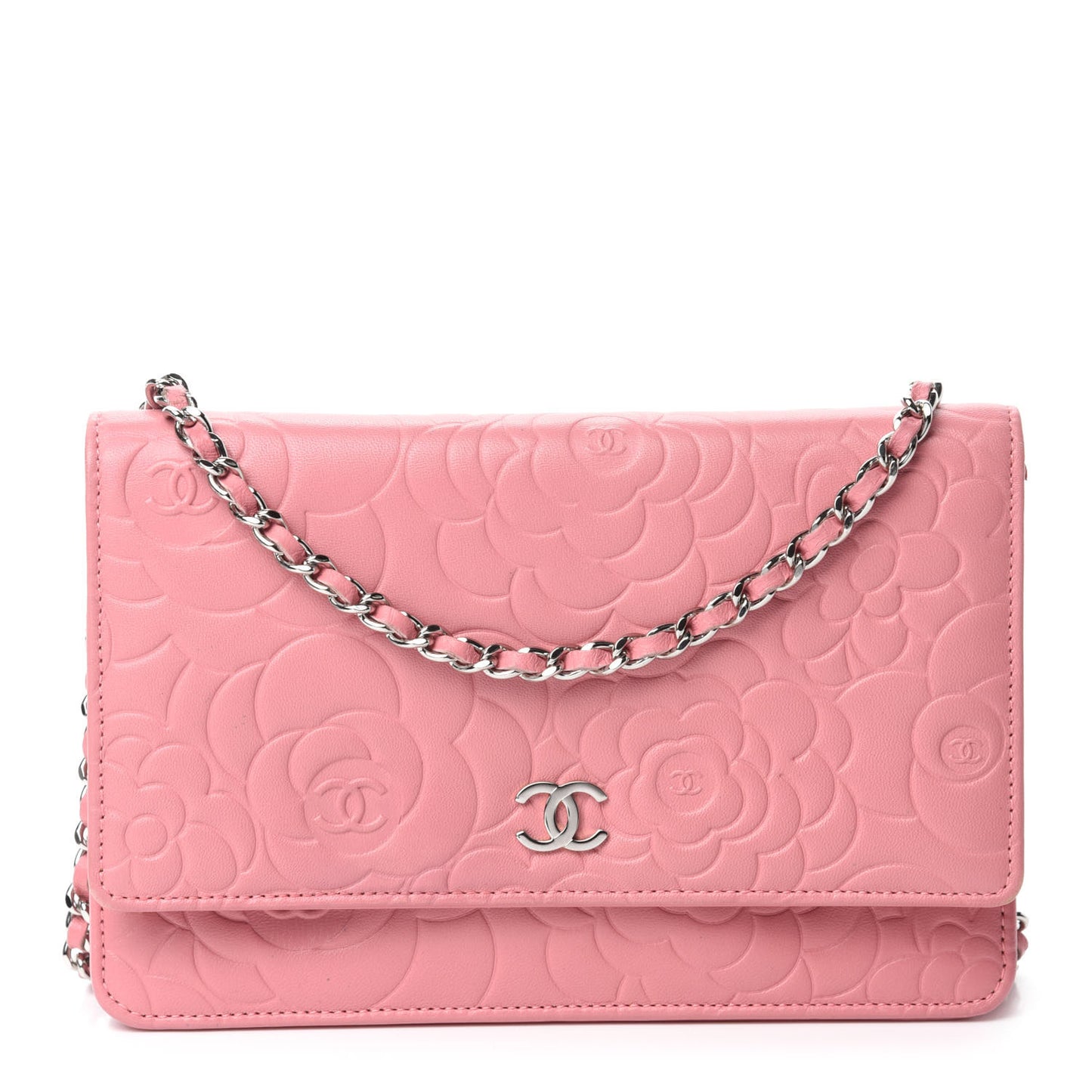 Lambskin Camellia Embossed Wallet On Chain WOC Pink