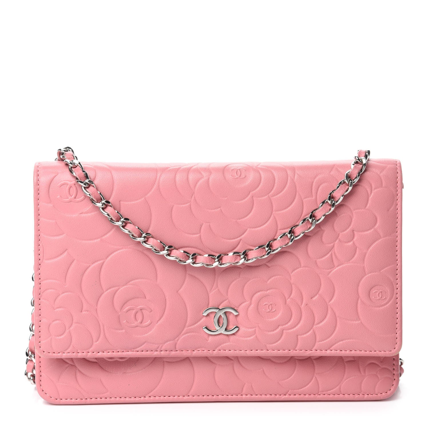 Chanel Lambskin Camellia Embossed Wallet On Chain WOC Pink 1 of 11