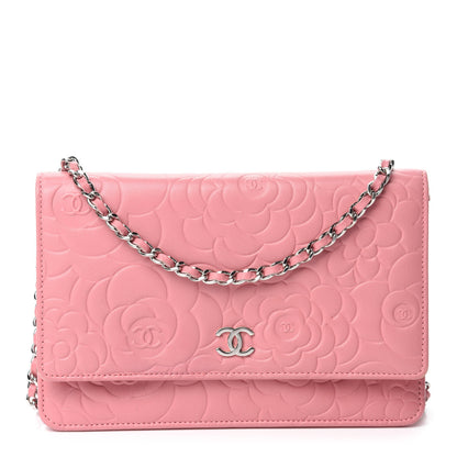 Chanel Lambskin Camellia Embossed Wallet On Chain WOC Pink 1 of 11