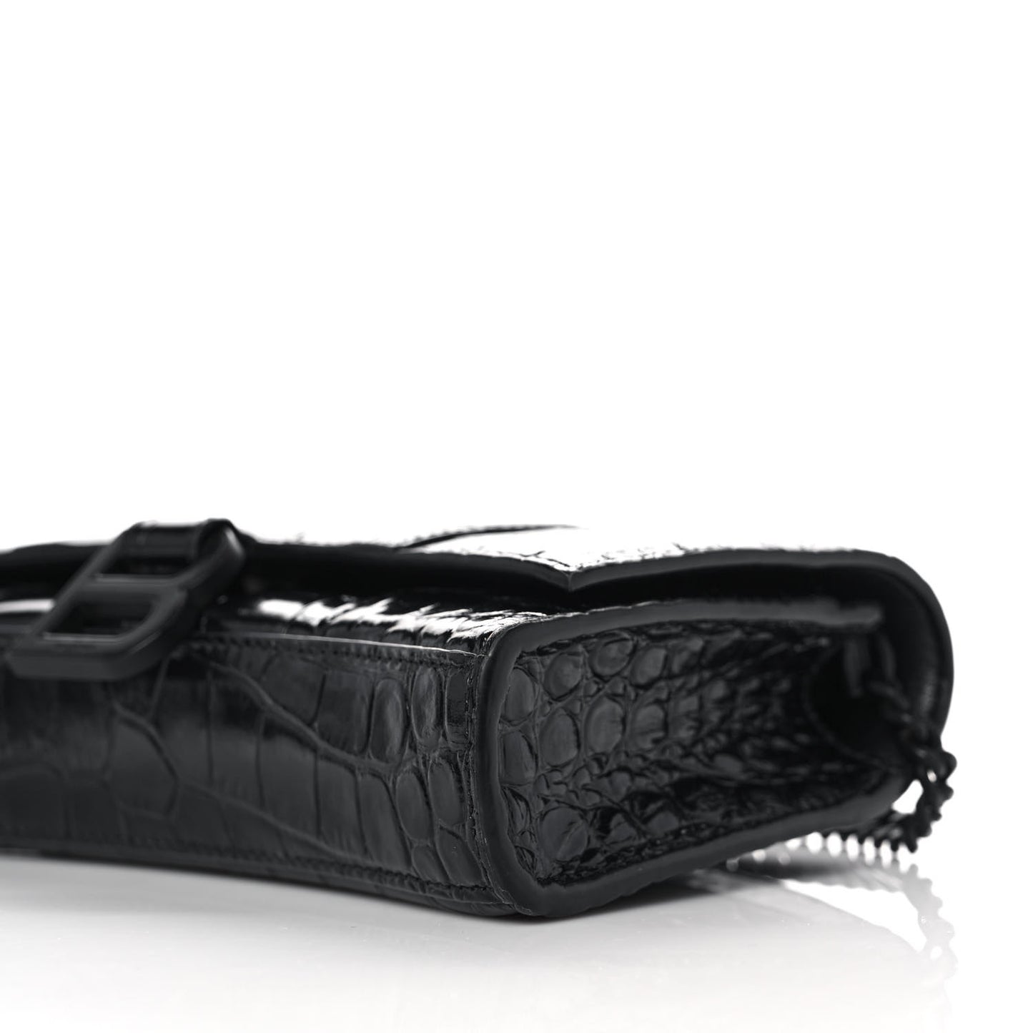 Shiny Calfskin Monochrome Crocodile Embossed Hourglass Chain Bag Black