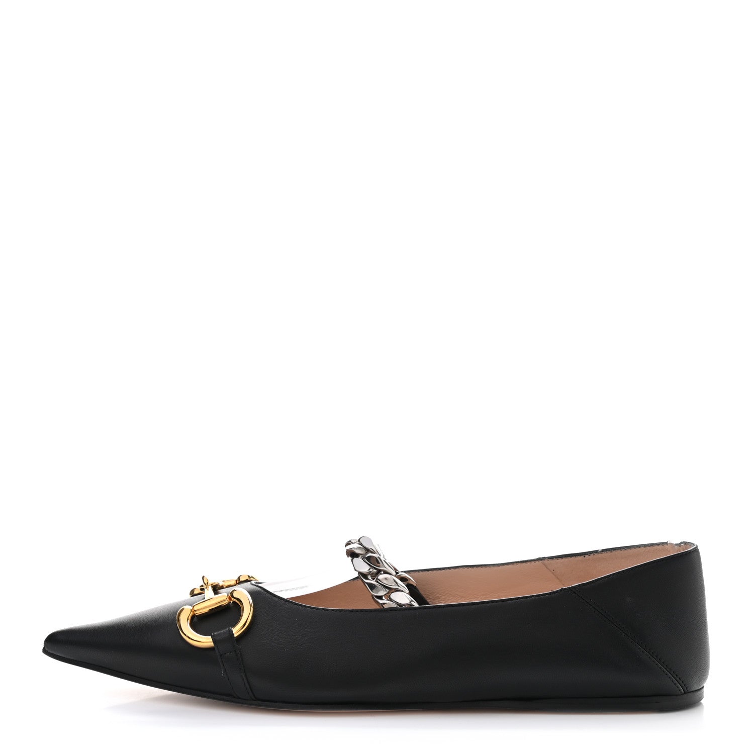Gucci Nappa Deva Horsebit Chain Embellished Flats 39.5 Black 1 of 9