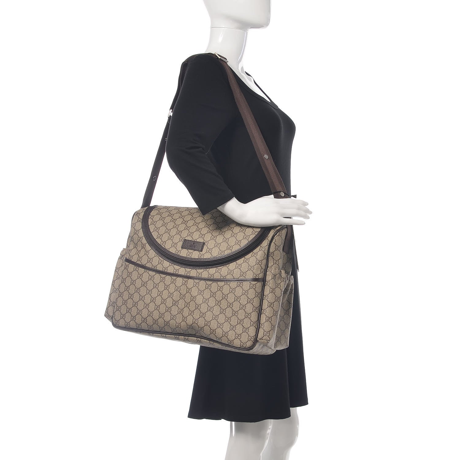 Gucci GG Supreme Monogram Selleria Calfskin Large Diaper Bag Beige Ebony Cocoa Dark Chocolate 2 of 12