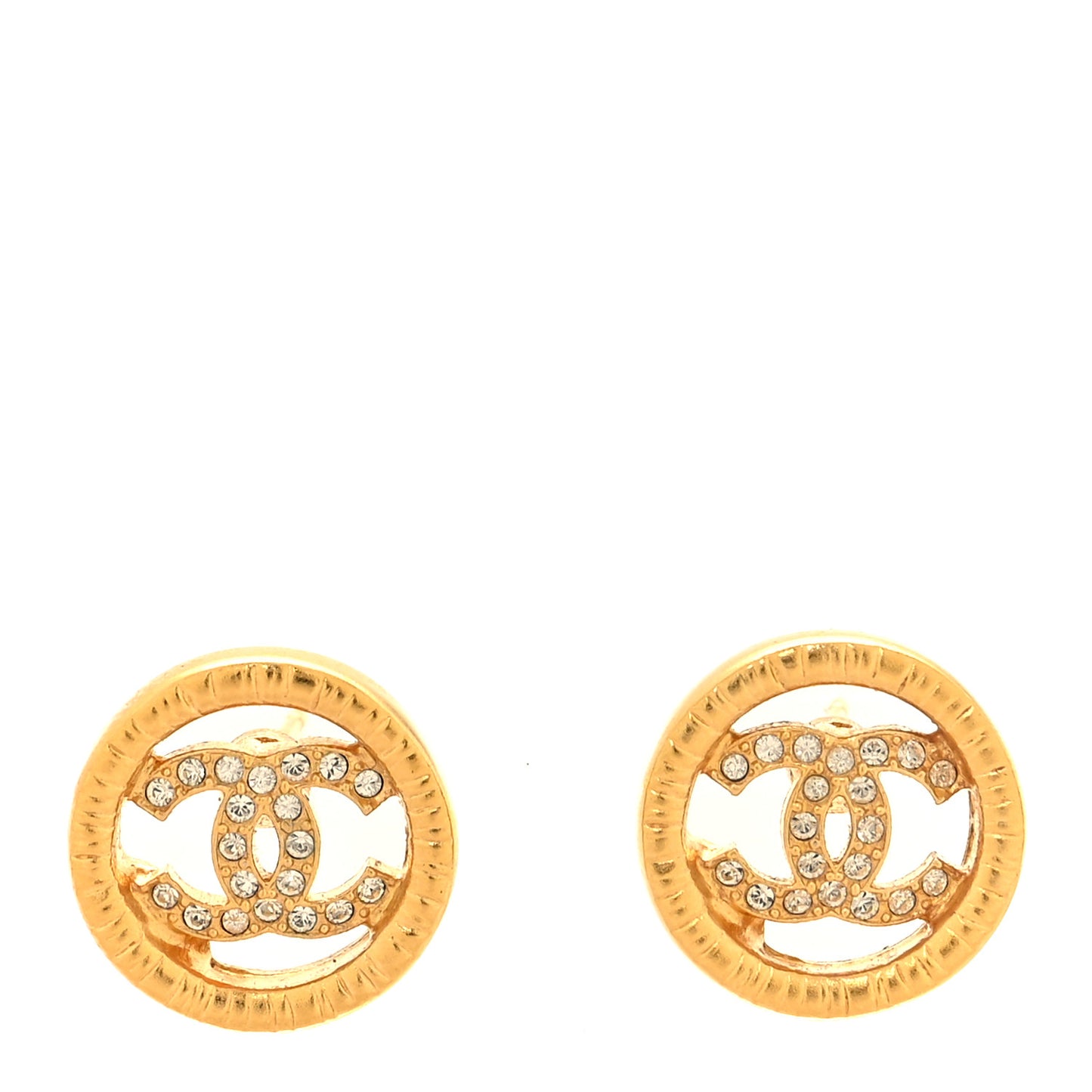 Metal Crystal Textured CC Round Earrings Gold