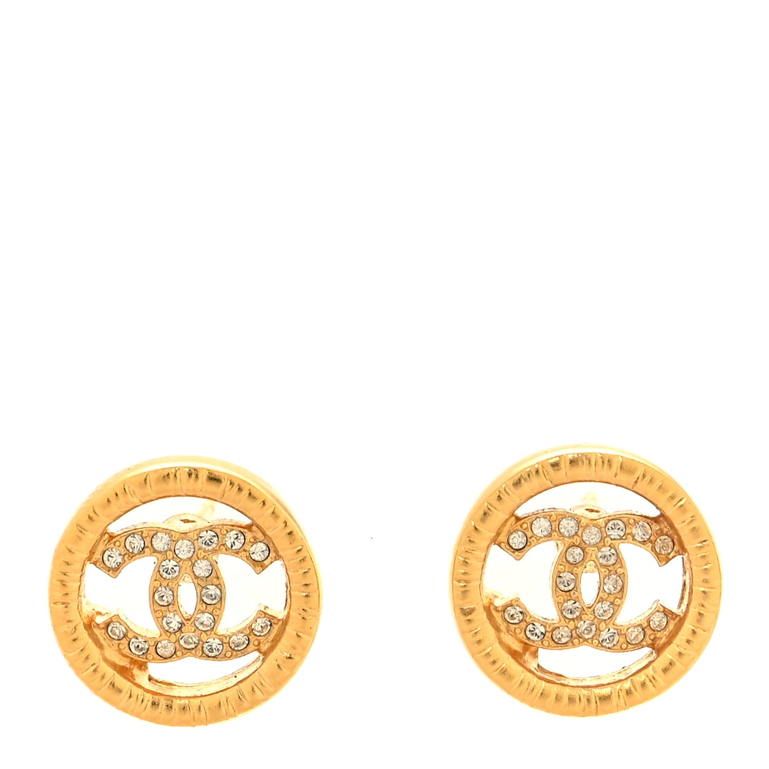 Chanel Metal Crystal Textured CC Round Earrings Gold 1 of 4