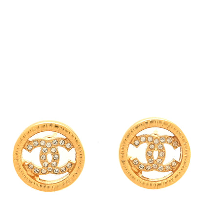 Chanel Metal Crystal Textured CC Round Earrings Gold 1 of 4