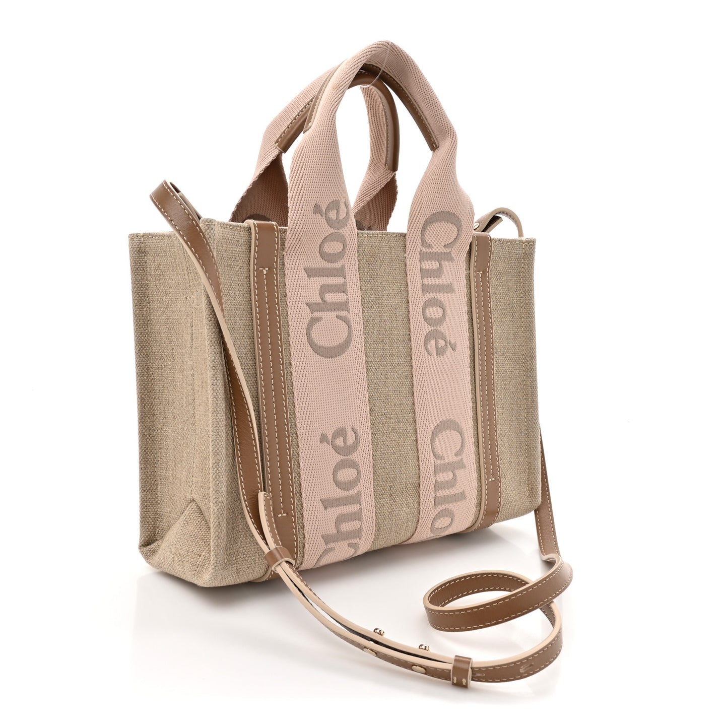Cotton Calfskin Small Woody Ribbon Tote With Strap Blushy Beige