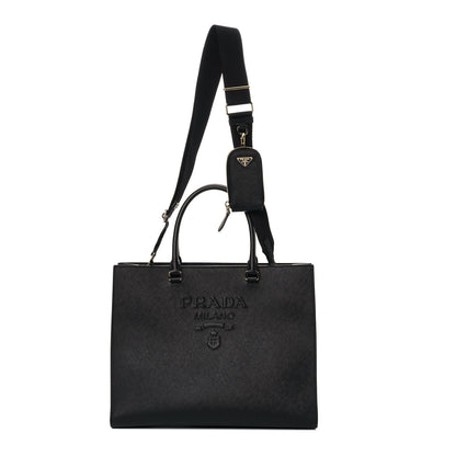 Prada Saffiano Lux Logo Embossed Large Shoulder Tote Handbag Black 2 of 24