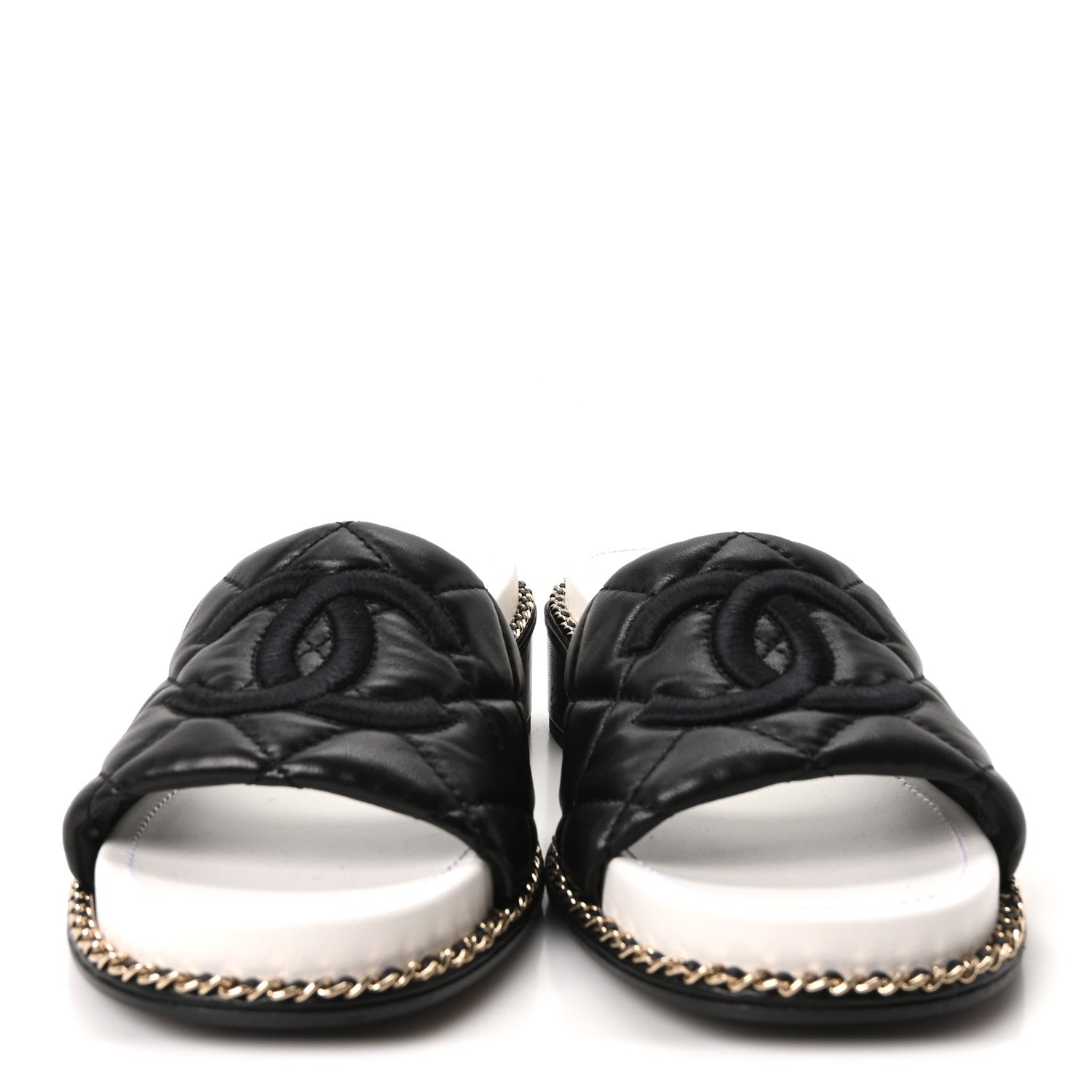 CHANELミュール Chanel Lambskin Quilted CC Chain Mules 35 Black White 1836874