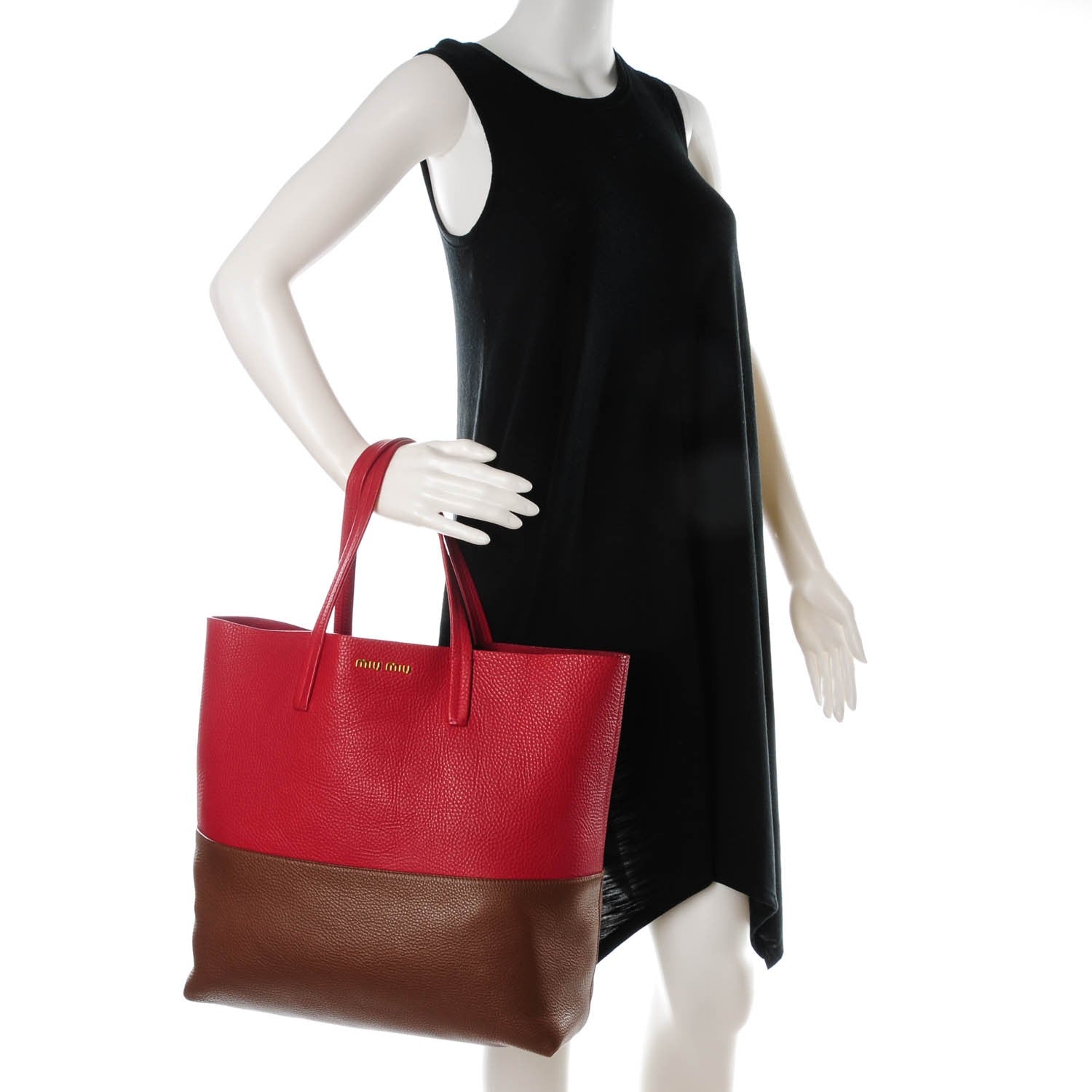 Miu Miu Vitello Daino Bi-Color Shopping Tote Red Brown 2 of 8