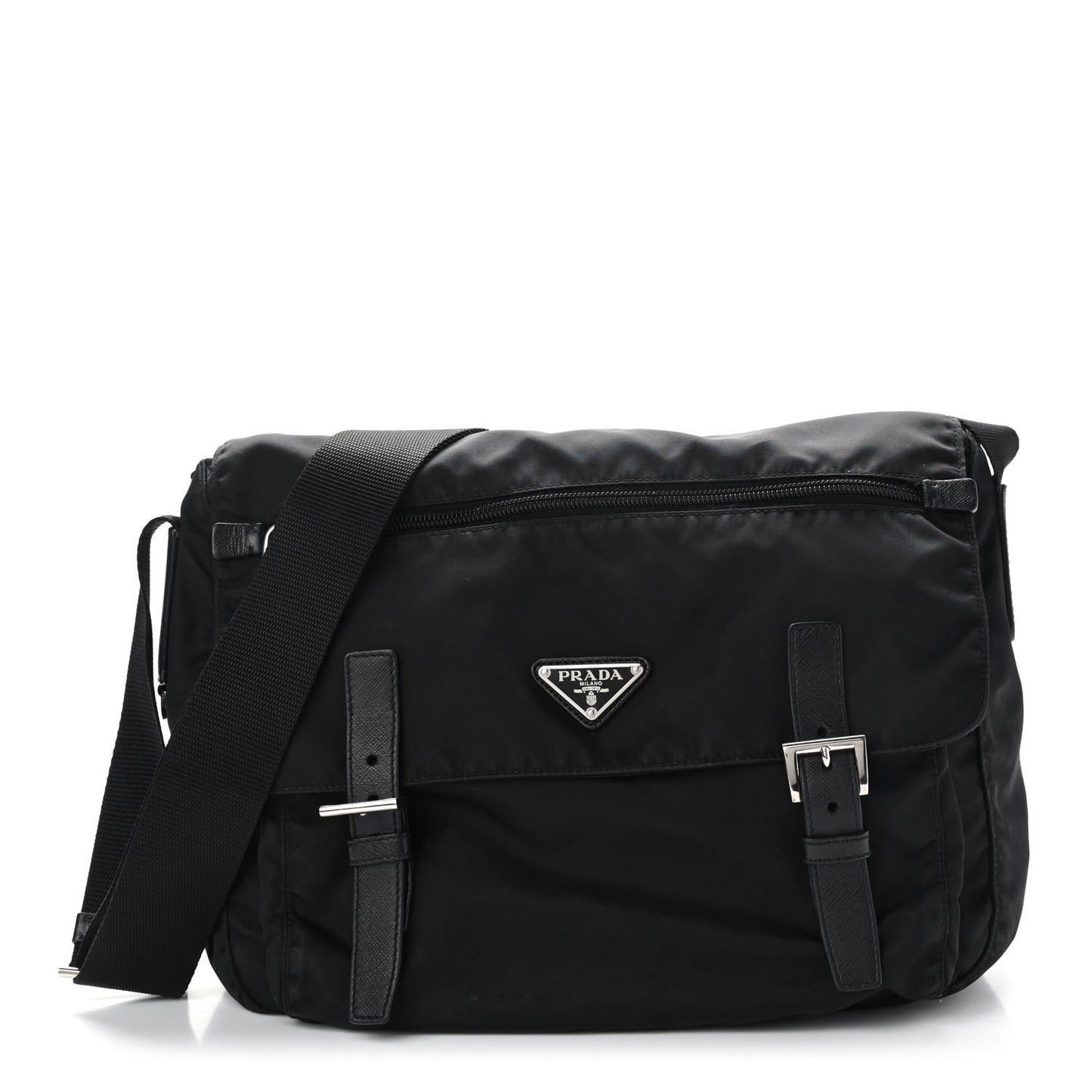 Tessuto Nylon Saffiano Double Buckle Messenger Shoulder Bag Black