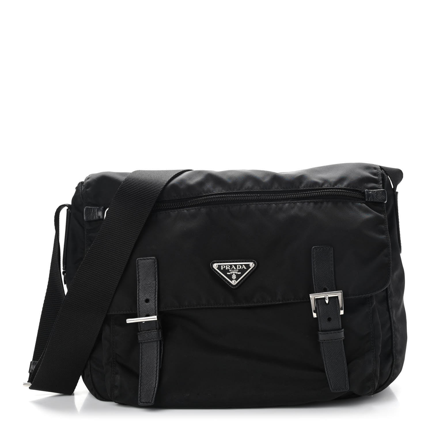 Prada Tessuto Nylon Saffiano Double Buckle Messenger Shoulder Bag Black 1 of 10