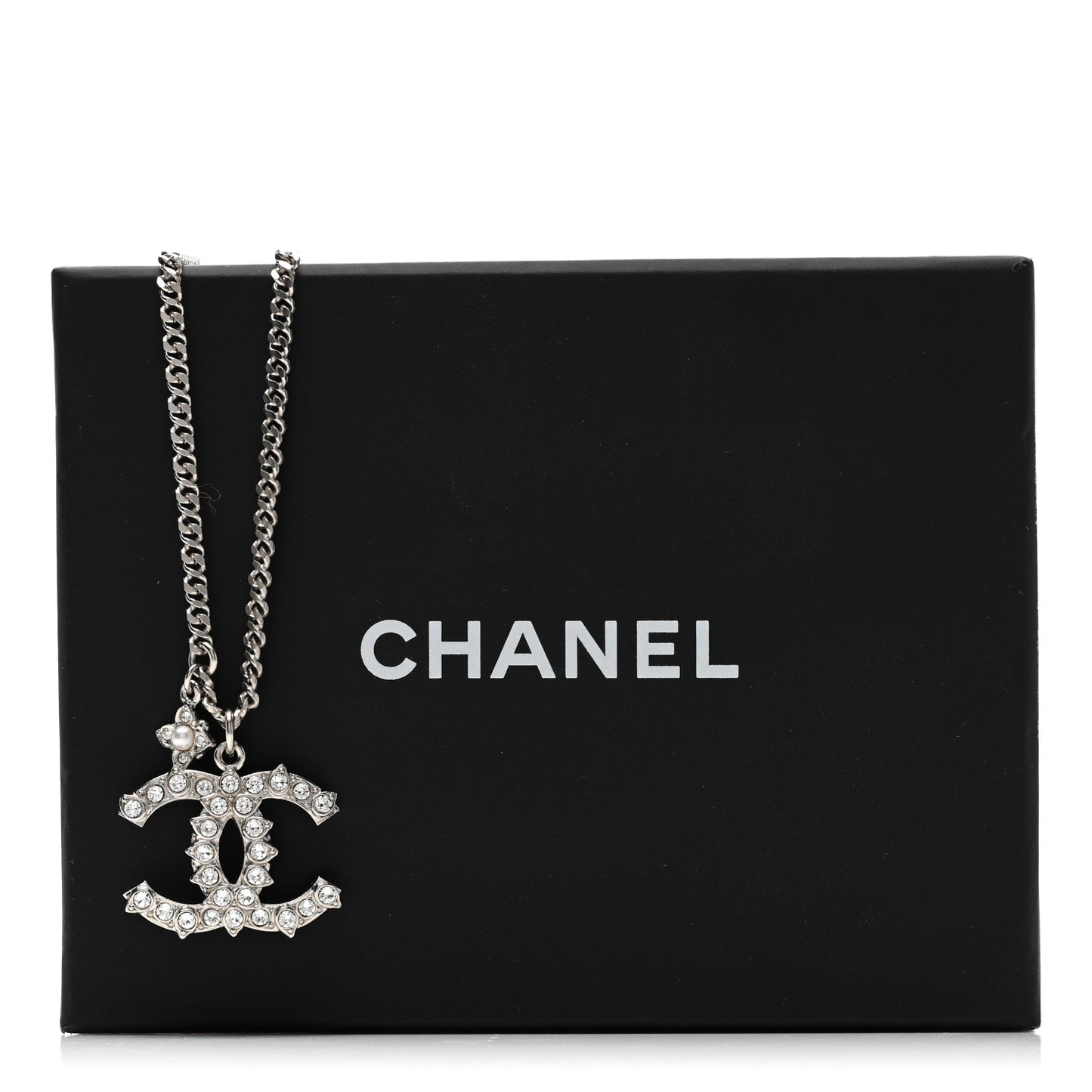 Pearl Crystal CC Pendant Necklace Silver