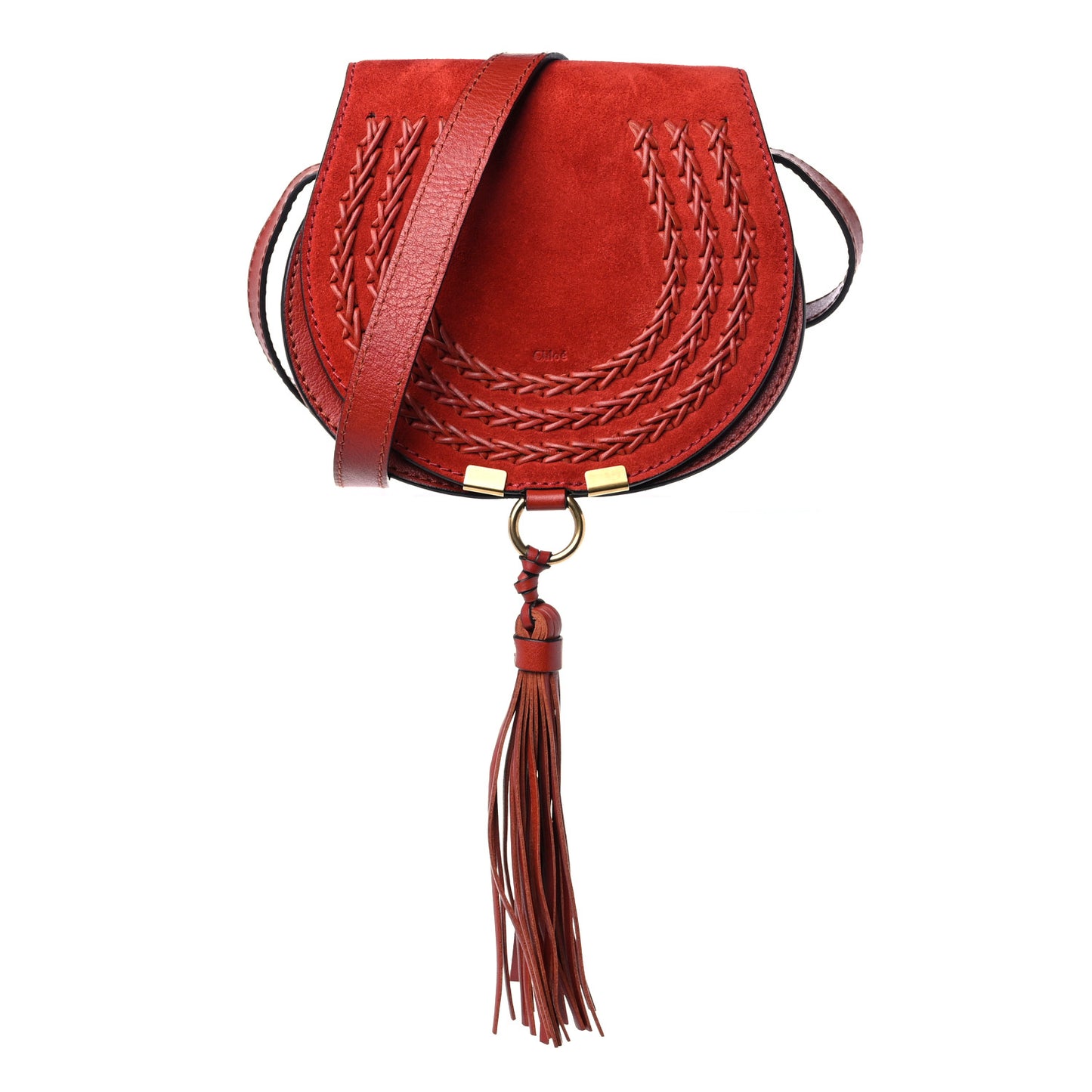 Suede Calfskin Braided Mini Marcie Round Crossbody Bag Red