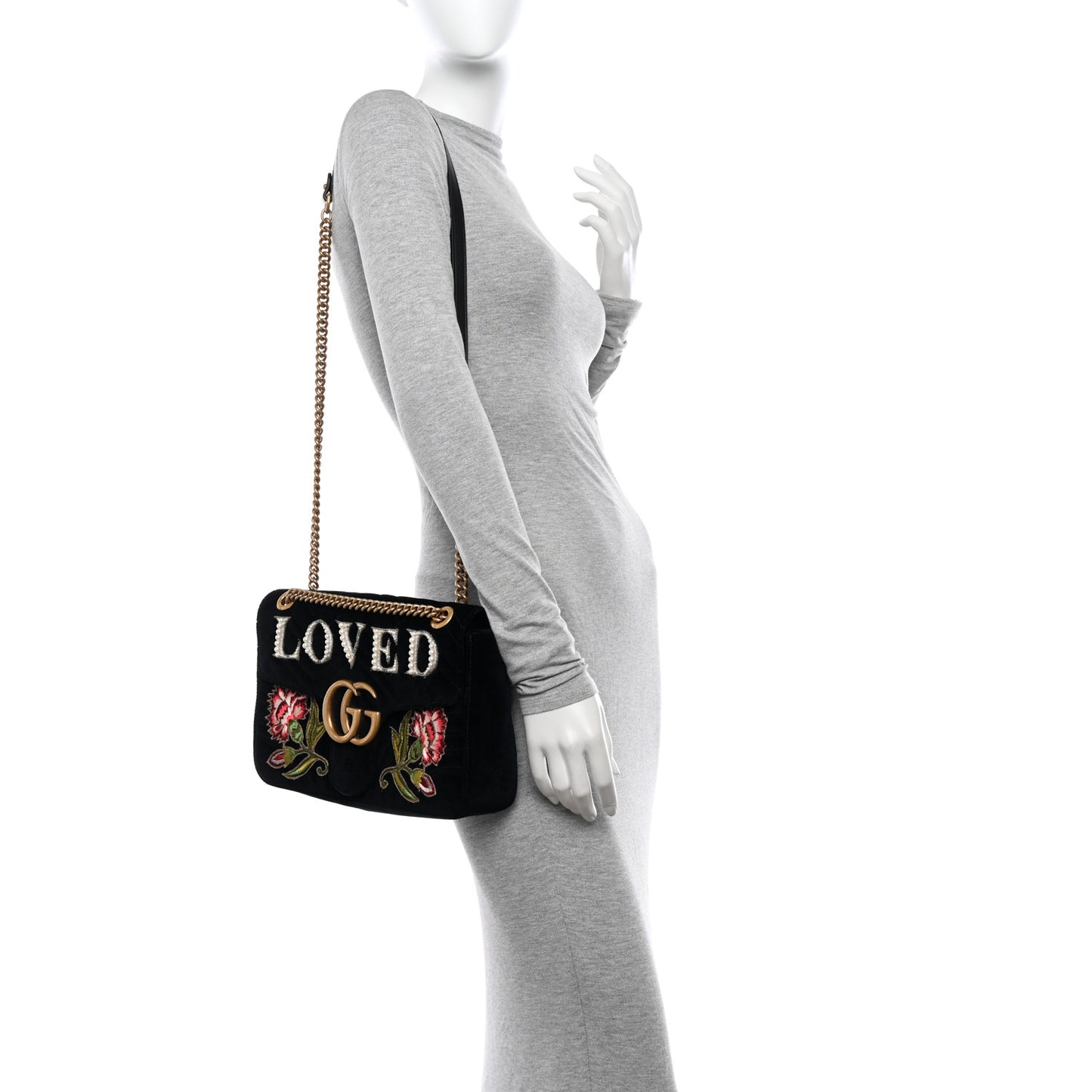 Velvet Matelasse Loved Embroidered Medium GG Marmont Shoulder Bag Black