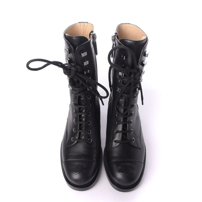 Chanel Calfskin Lace Up Combat Boots 37.5 Black 6 of 8