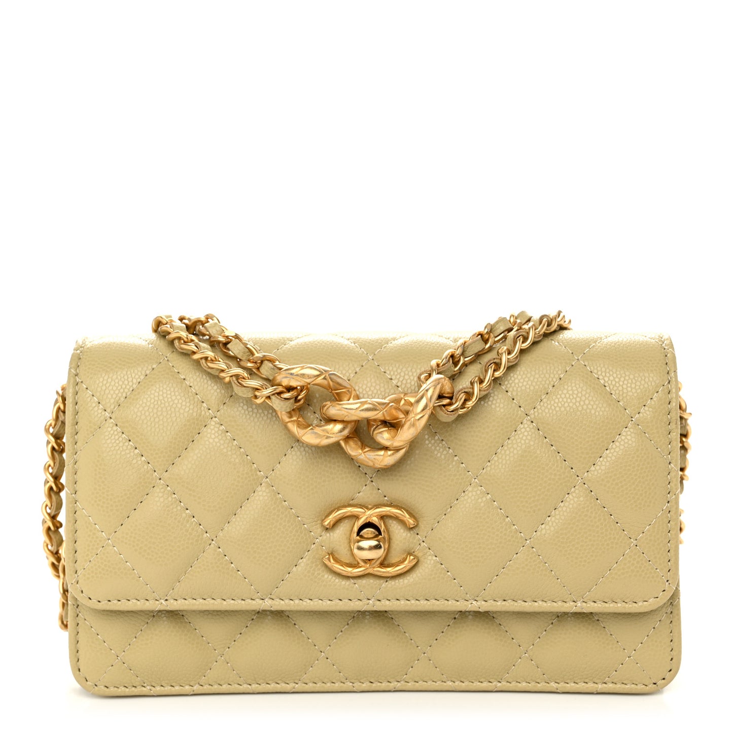 Caviar Quilted Chain Link Clutch With Chain Light Green