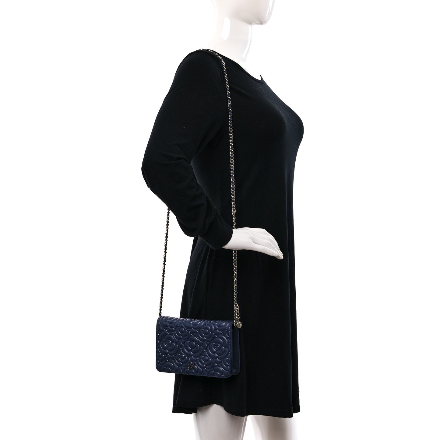 Goatskin Camellia Embossed Wallet On Chain WOC Blue