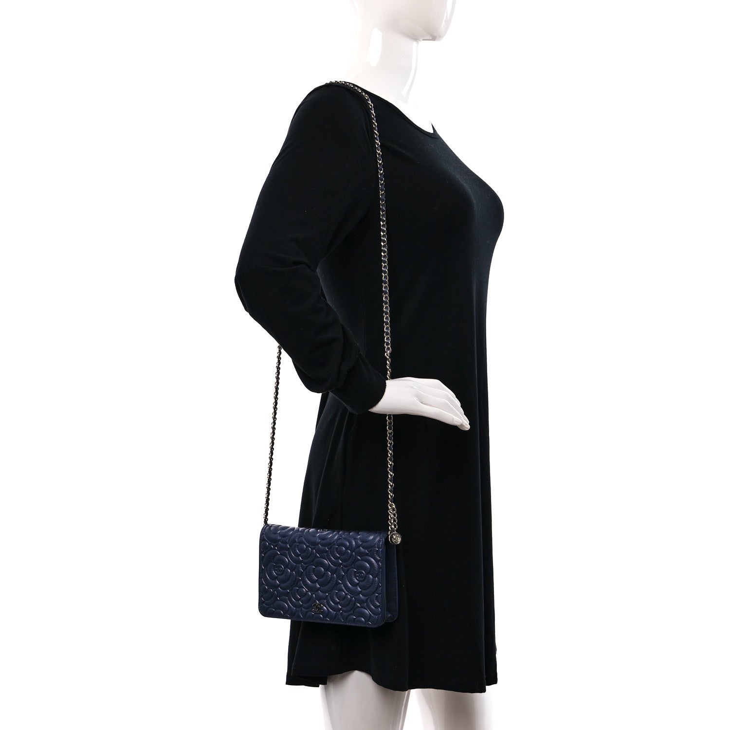 Chanel Goatskin Camellia Embossed Wallet On Chain WOC Blue 2 of 11