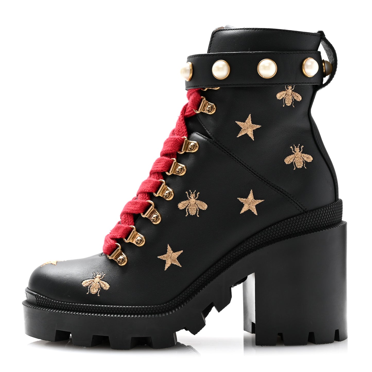 Calfskin Embroidered Lace Up Combat Ankle Boots 37 Black