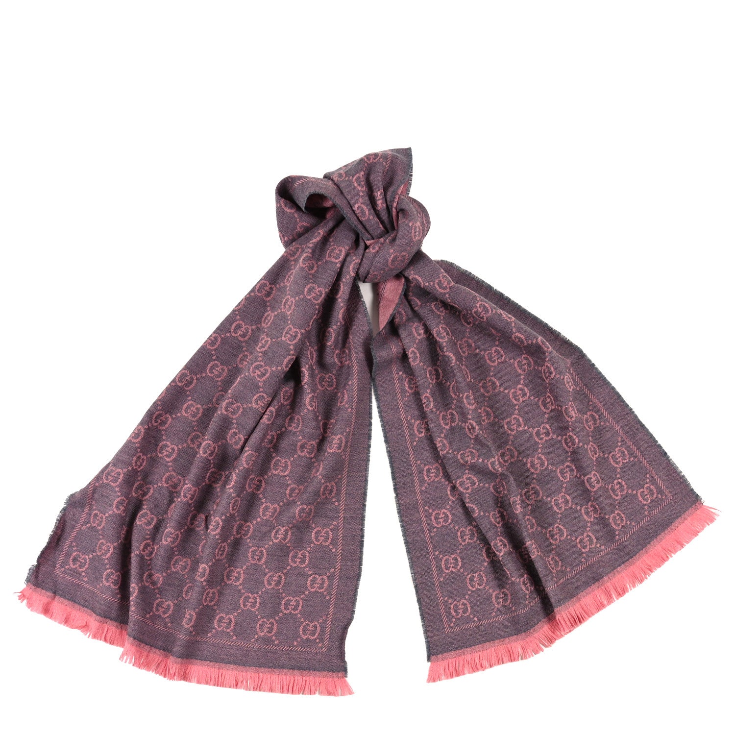 Gucci Wool Jacquard GG Monogram Sten Fringe Scarf Graphite Pink 1 of 3