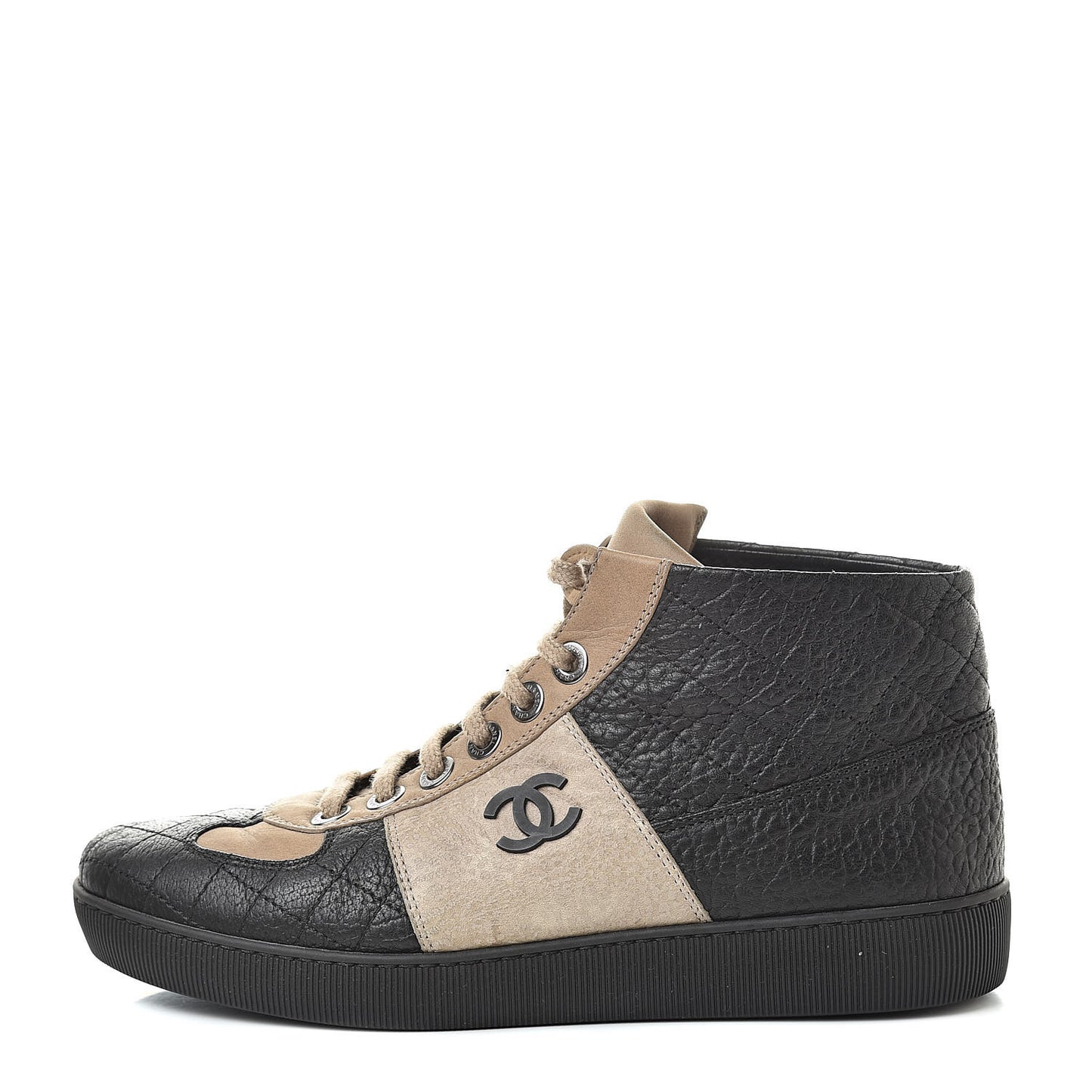 Washed Lambskin Quilted Lace Up CC Sneakers 39.5 Black Beige