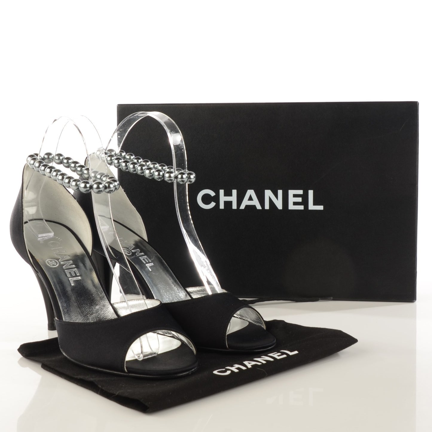 Satin Pearl Ankle Strap Pumps Black 37